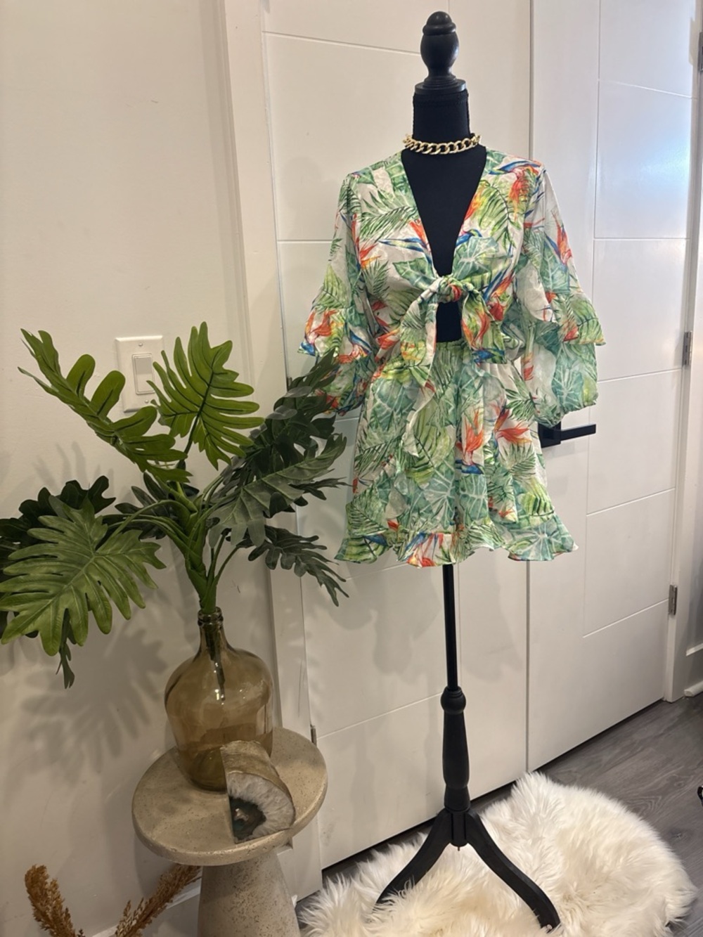 Fashion Nova Green Tropical Tie-Front Ruffle Romper